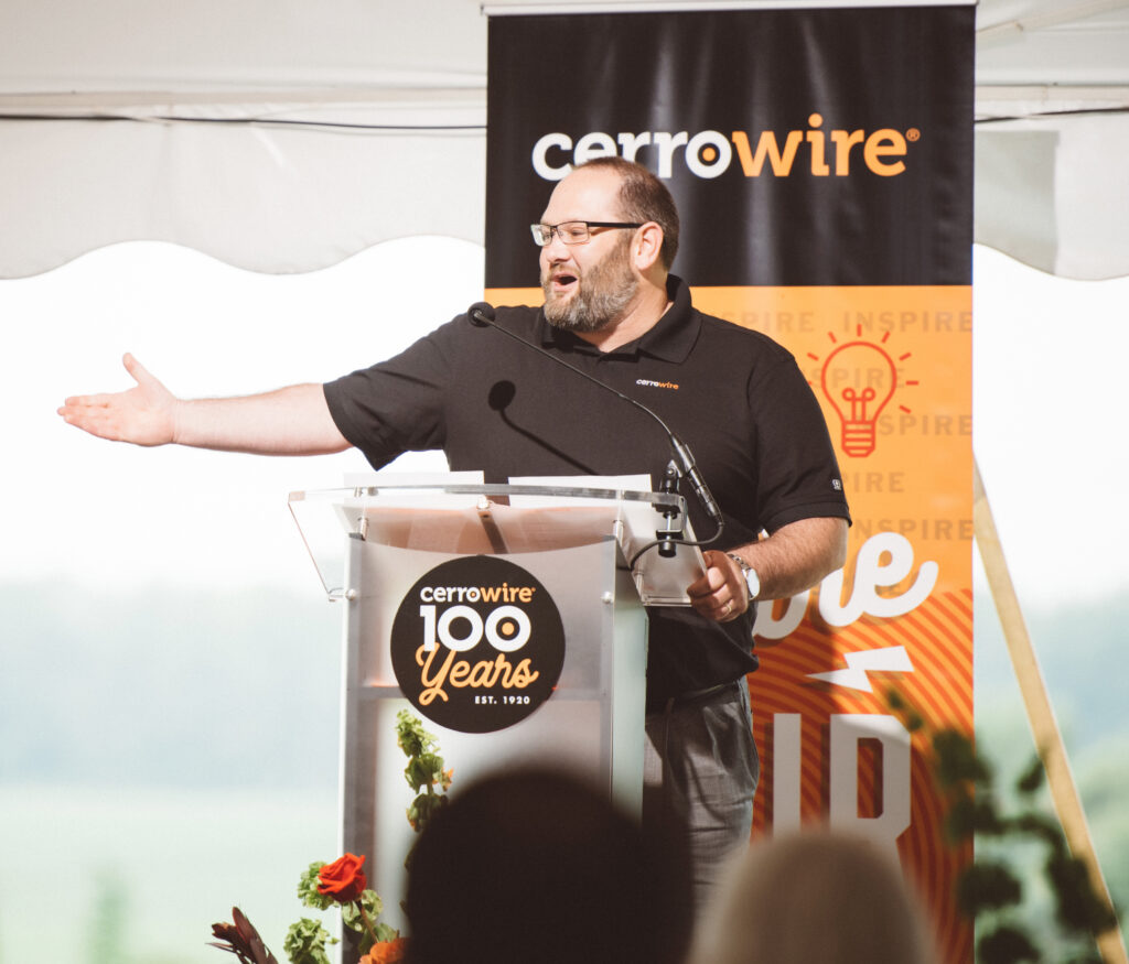 Vice President of Operations Corey Schultz engages attendees at Cerrowire’s 100-Year Anniversary Celebration in Indiana.
