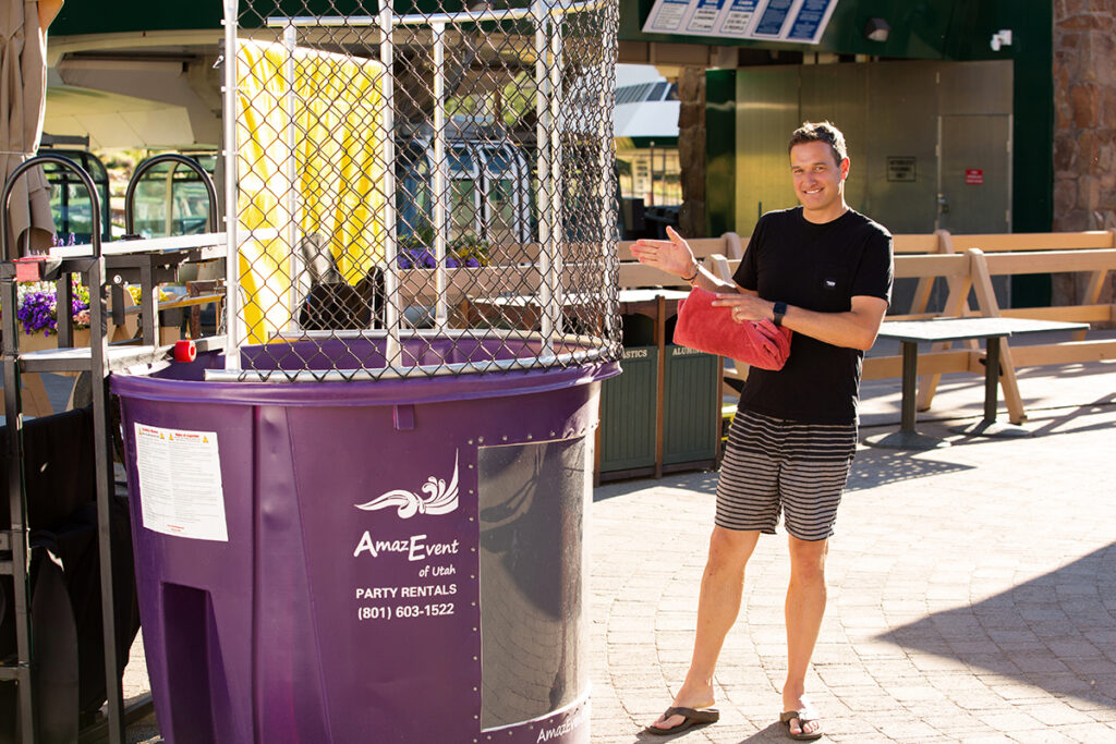 Cerrowire Utah Plant Manager Kory Longhurst enters the dunk tank.