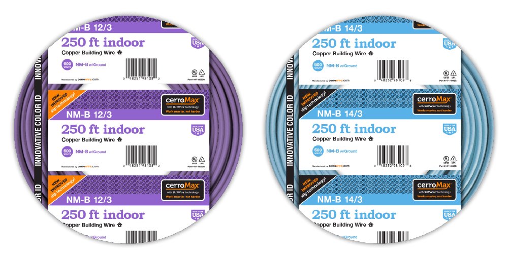 Packages of new light blue 14/3 AWG and purple 12/3 AWG colors of CerroMax NM-B