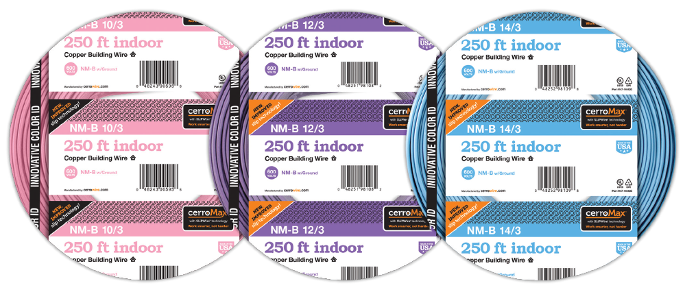 Packages of new light blue 14/3 AWG and purple 12/3 AWG colors of CerroMax NM-B