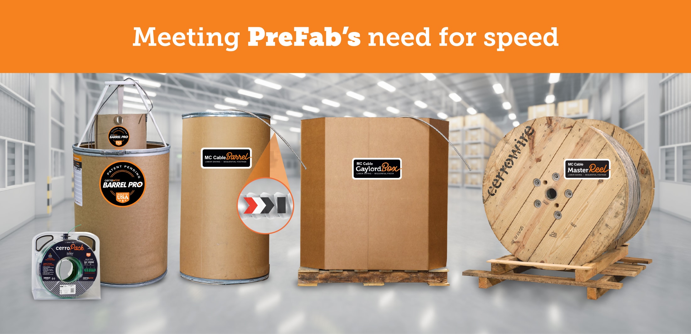 In Order of Appearance: CerroPack, Barrel Pro, MC Cable Barrel, MC Cable Gaylord Box, and MC Cable Master Reel - Meeting PreFabs needs for speed