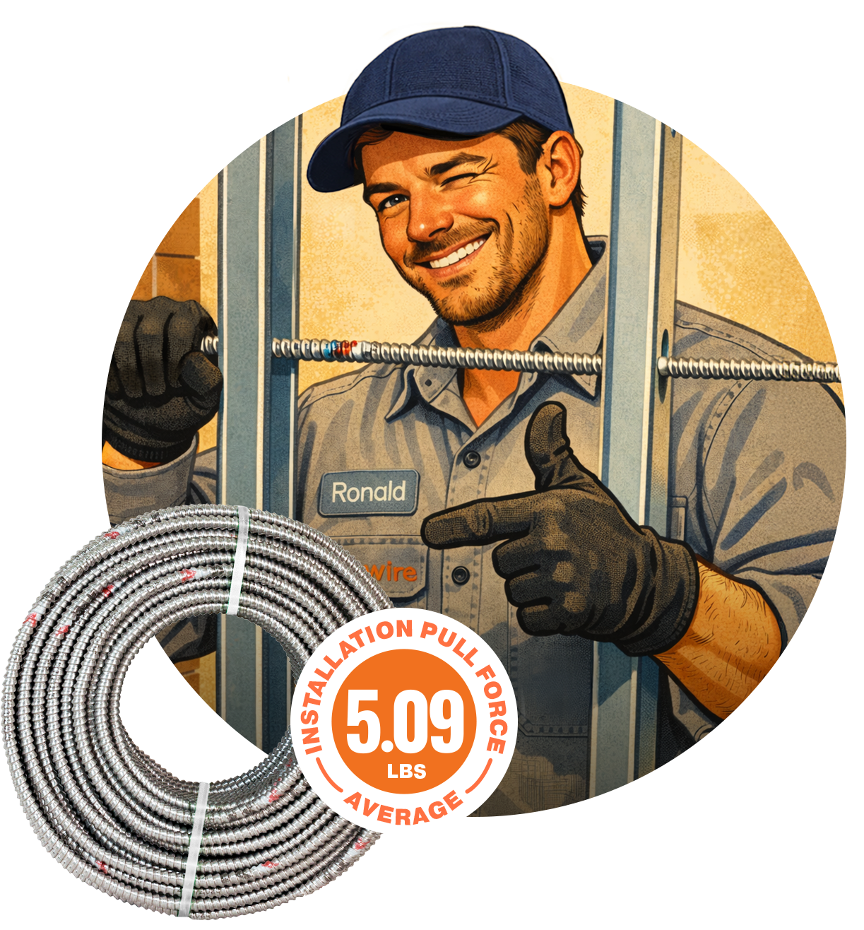 Winking man named Ronald with a roll of MC cable and a 5.09 Installation Pull Force Average badge